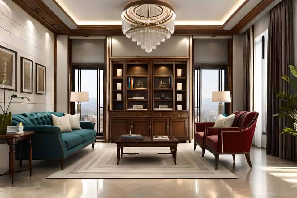 Elegante sala de estar con muebles clásicos y librería.