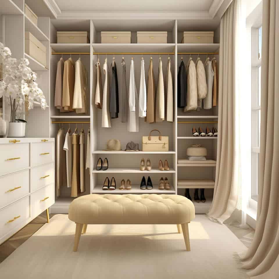 Vestidor organizado con ropa y zapatos elegantes.