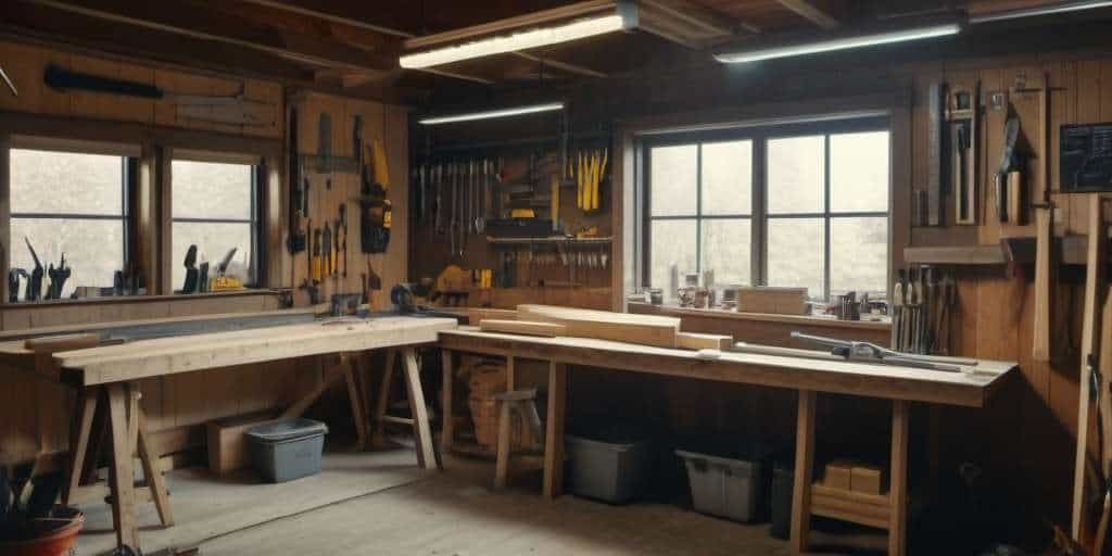 Taller de carpintería con herramientas y mesas de trabajo.