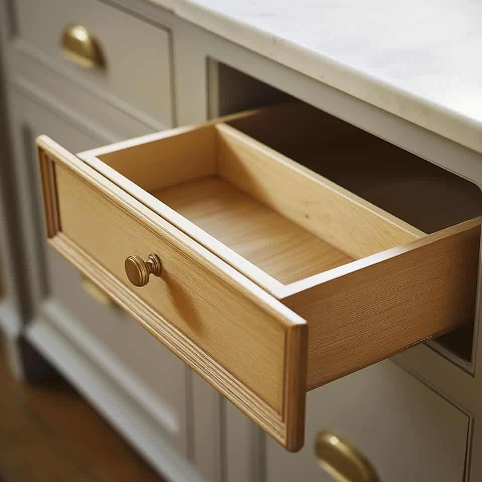 Cajón de madera abierto en cocina moderna