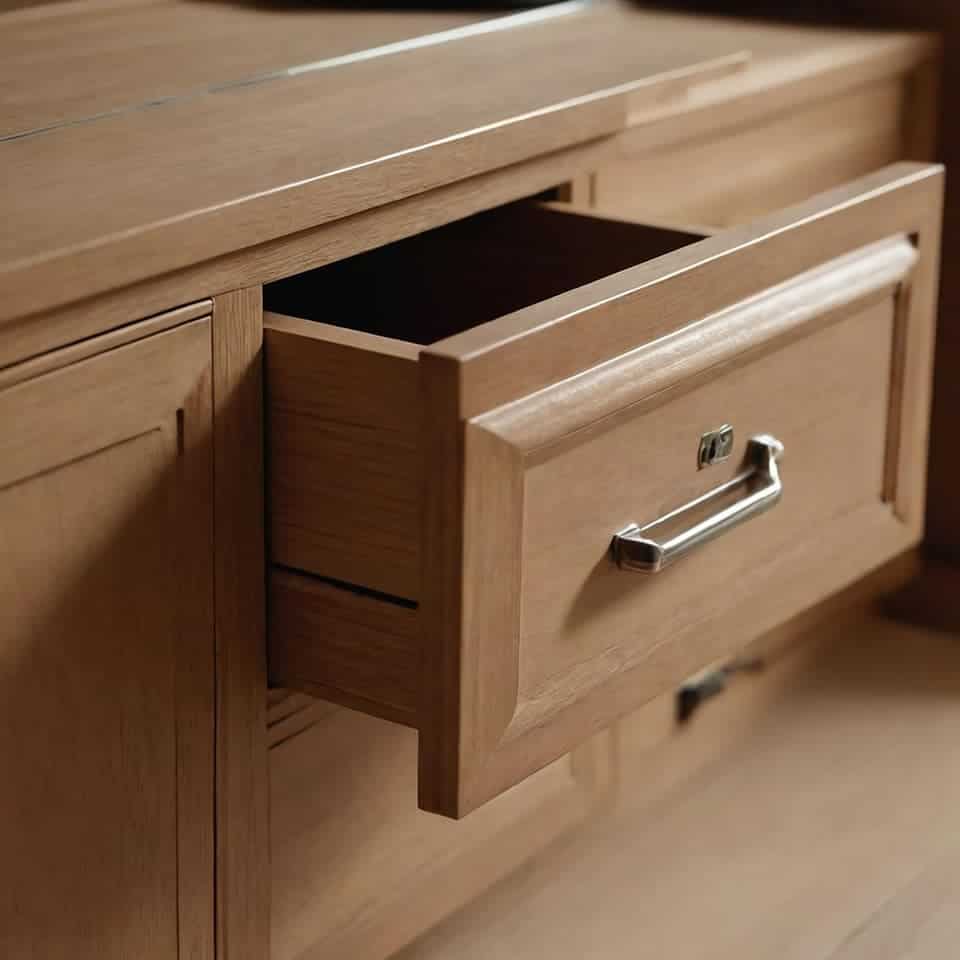 Cajón de madera abierto en mueble rústico