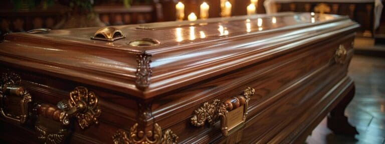 Ataúd de madera con velas alrededor