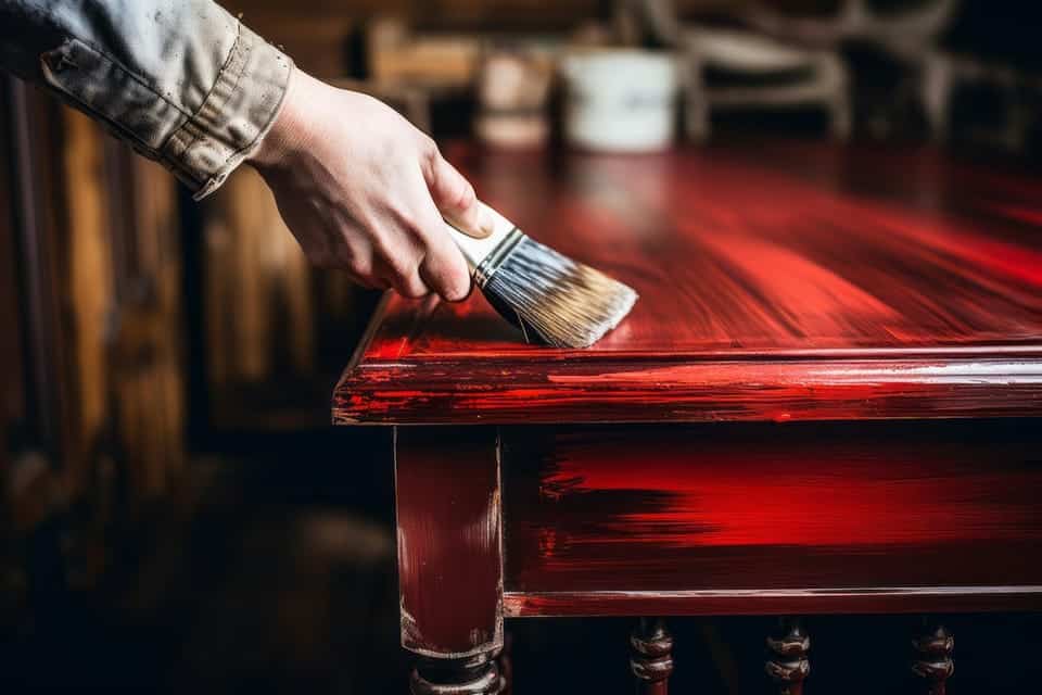Mano pintando mesa de rojo con brocha.