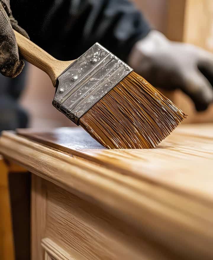 Brocha aplicando barniz en madera