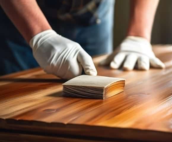 Persona lijando madera con guantes blancos