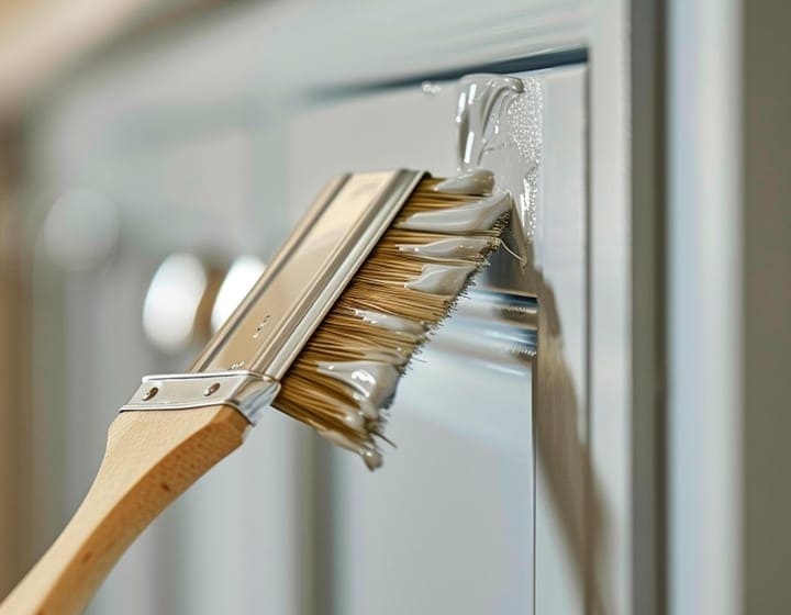 Brocha pintando mueble gris claro