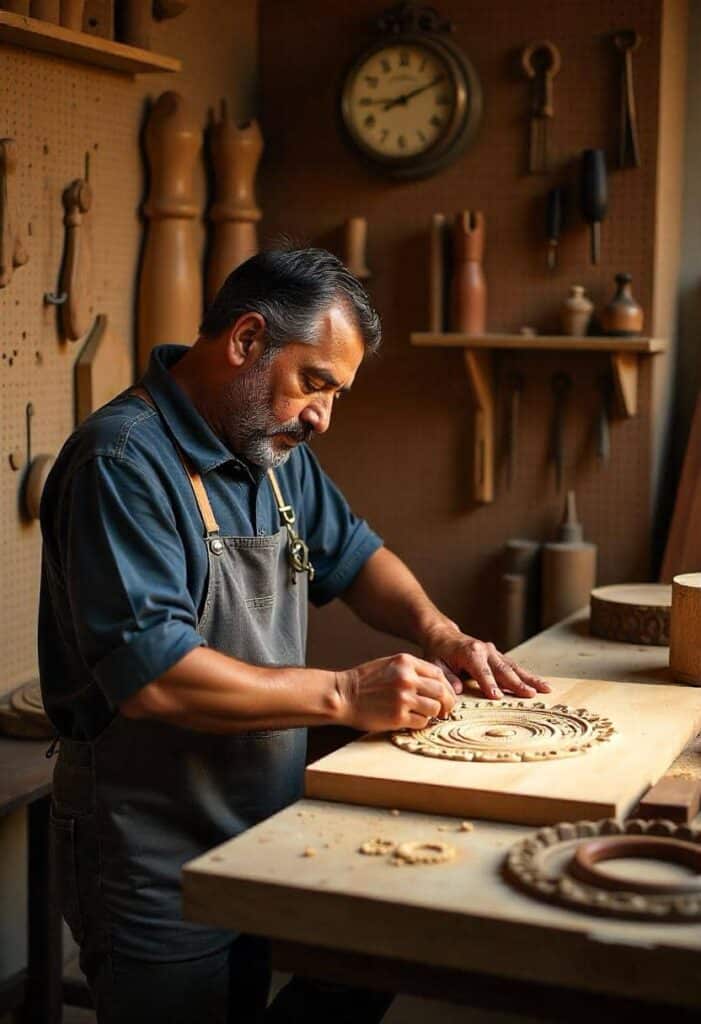 Artesano tallando madera en taller rústico